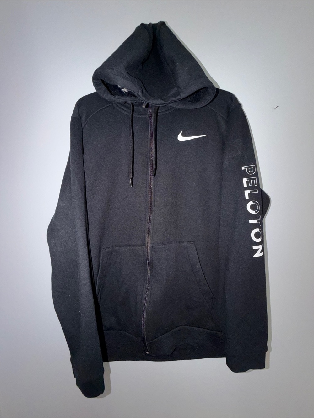 Nike X Peloton Black Zip-Up Hoodie with White Logo and Sleeve Branding- XL